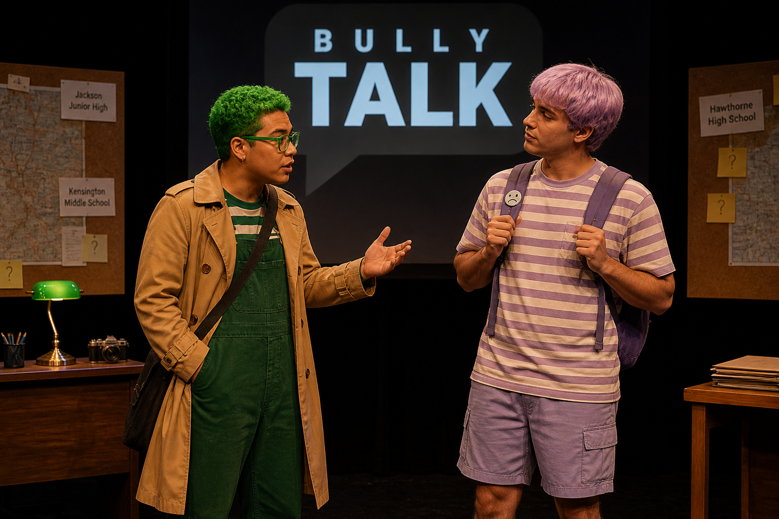 Live Bully Talk theatrical production with two costumed student characters on a school stage set