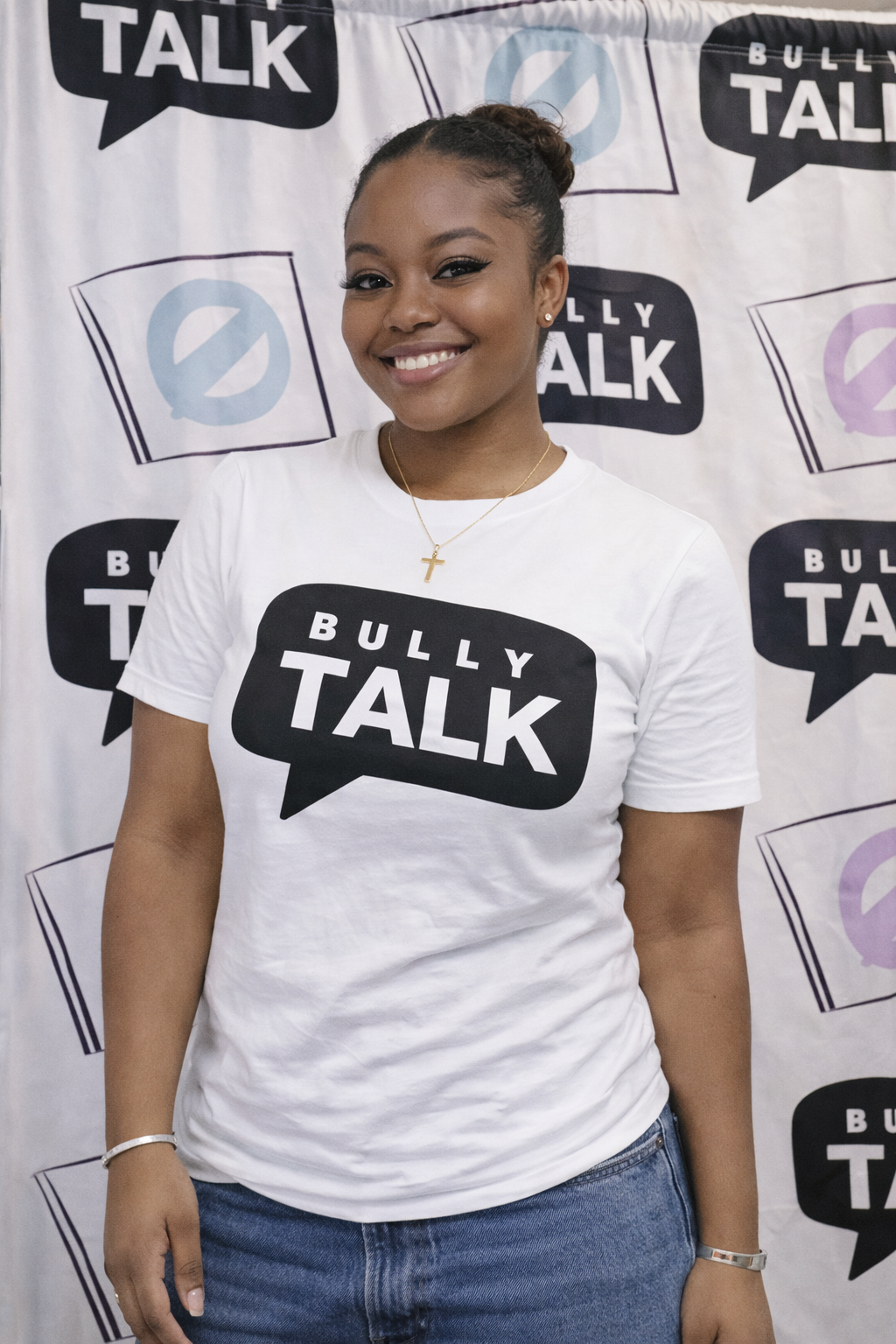 Student ambassador in Bully Talk branded t-shirt at awareness event